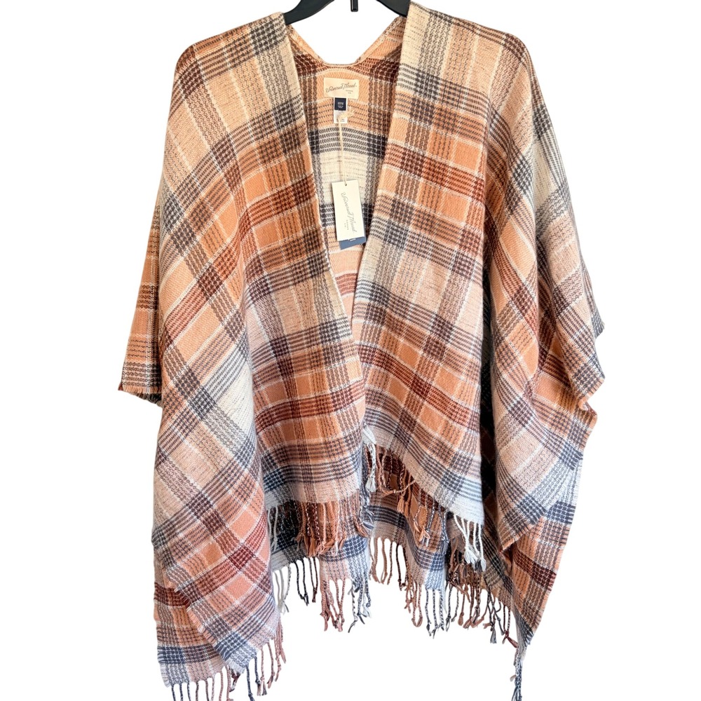 Universal Thread Ruana Cottage Boho Plaid Orange Fringe Wrap NWT Shawl